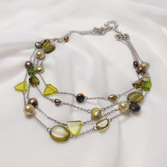 Olive Green Brown Natural Pearl Glass Beaded Silver Chain Layered Necklace - Picture 2 of 11